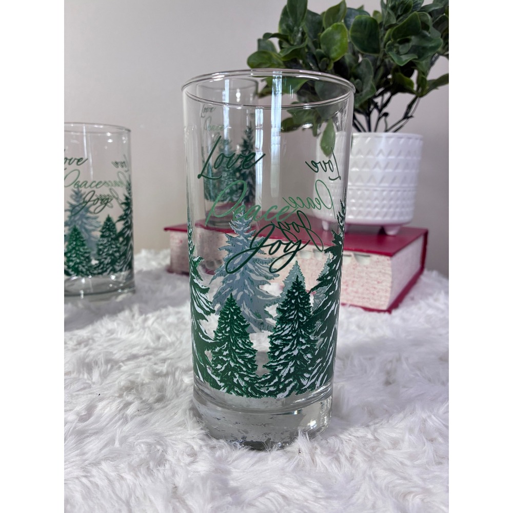 Greenbrier Holiday Highball Glasses Set of 4 Love Peace Joy Evergreen Trees 16oz